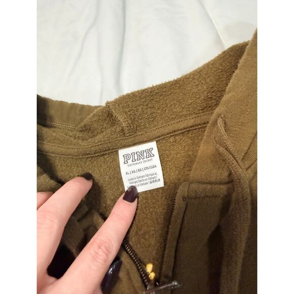 PINK VS Womens Full Zip Up Hoodie Olive Army Green with Flowers XL - Picture 5 of 7